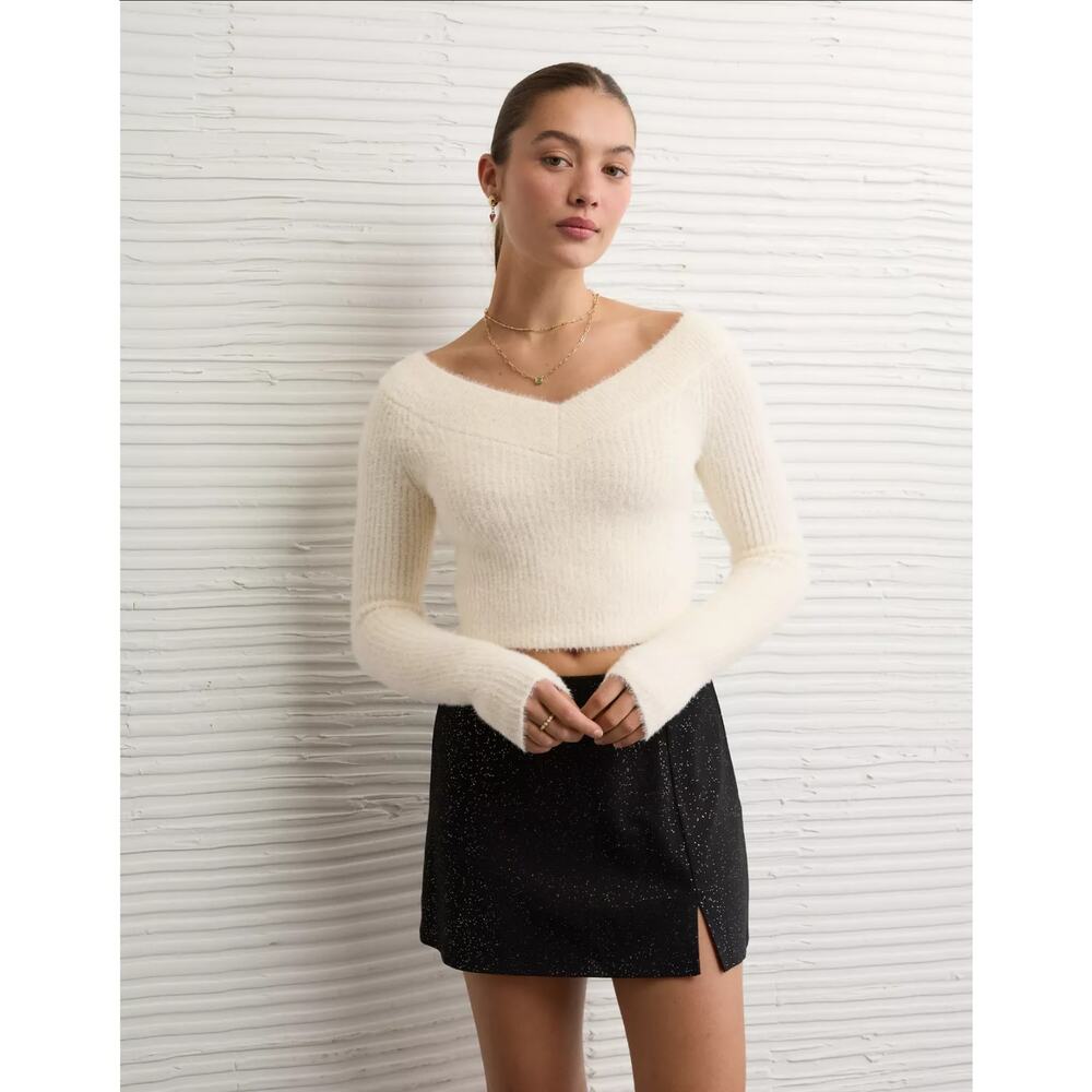 American Eagle Eyelash V Neck Crop Sweater - Cream - XS